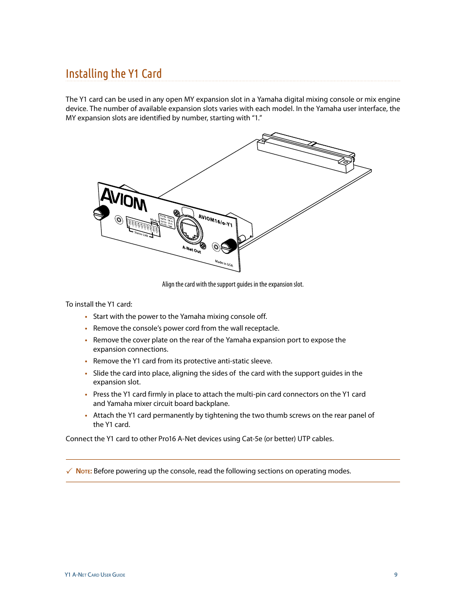 Installing the y1 card | Aviom Aviom16/o-Y1 User Manual | Page 16 / 29