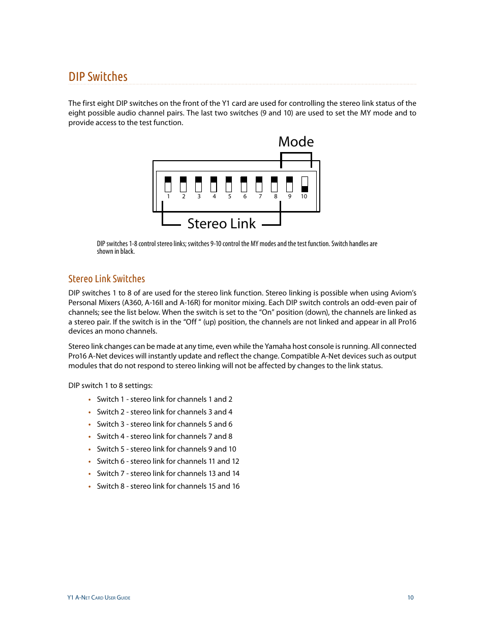 Dip switches, Stereo link switches, Stereo link mode | Aviom Aviom16/o-Y1 User Manual | Page 17 / 29