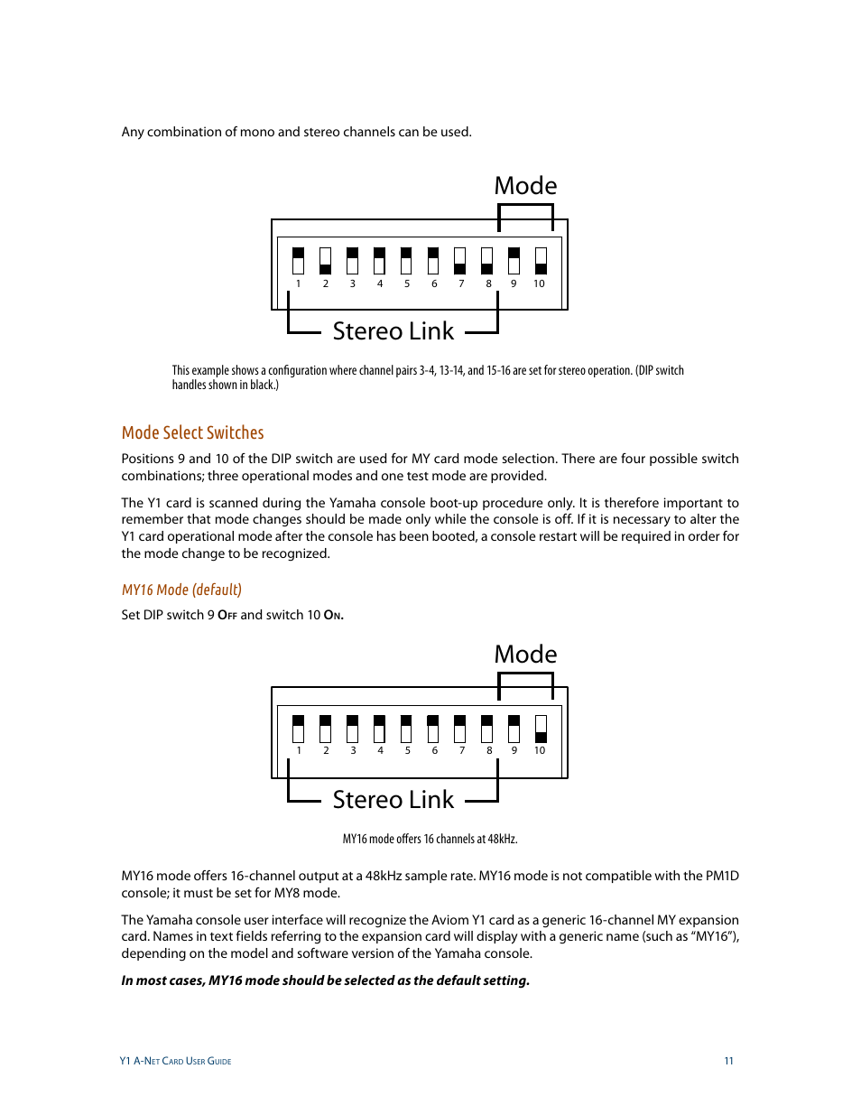 Mode select switches, My16 mode (default), Stereo link mode | Aviom Aviom16/o-Y1 User Manual | Page 18 / 29