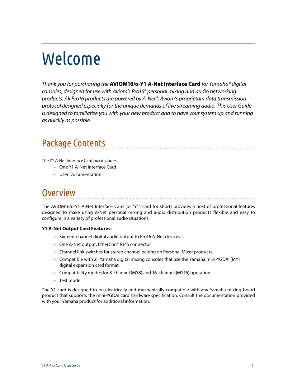 Welcome, Package contents, Overview | Welcome package contents overview | Aviom Aviom16/o-Y1 User Manual | Page 8 / 29