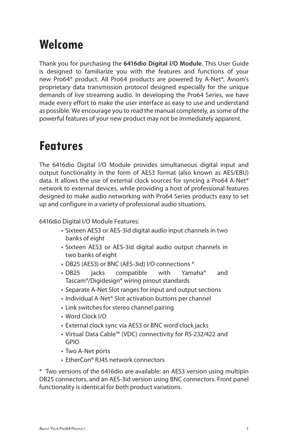 Welcome, Features, Welcome features | Aviom 6416dio User Manual | Page 11 / 113