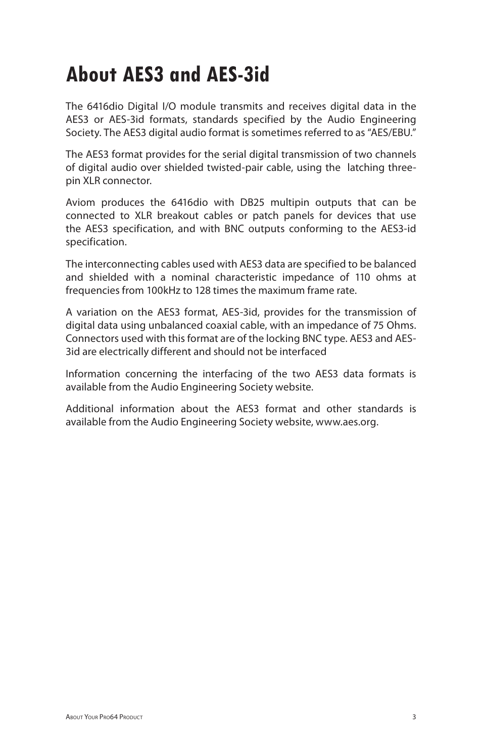 About aes3 and aes-3id | Aviom 6416dio User Manual | Page 13 / 113