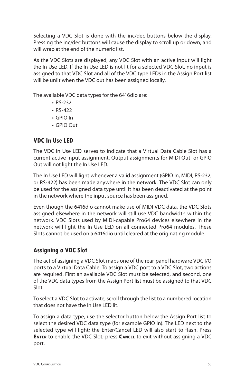 Vdc in use led, Assigning a vdc slot | Aviom 6416dio User Manual | Page 63 / 113