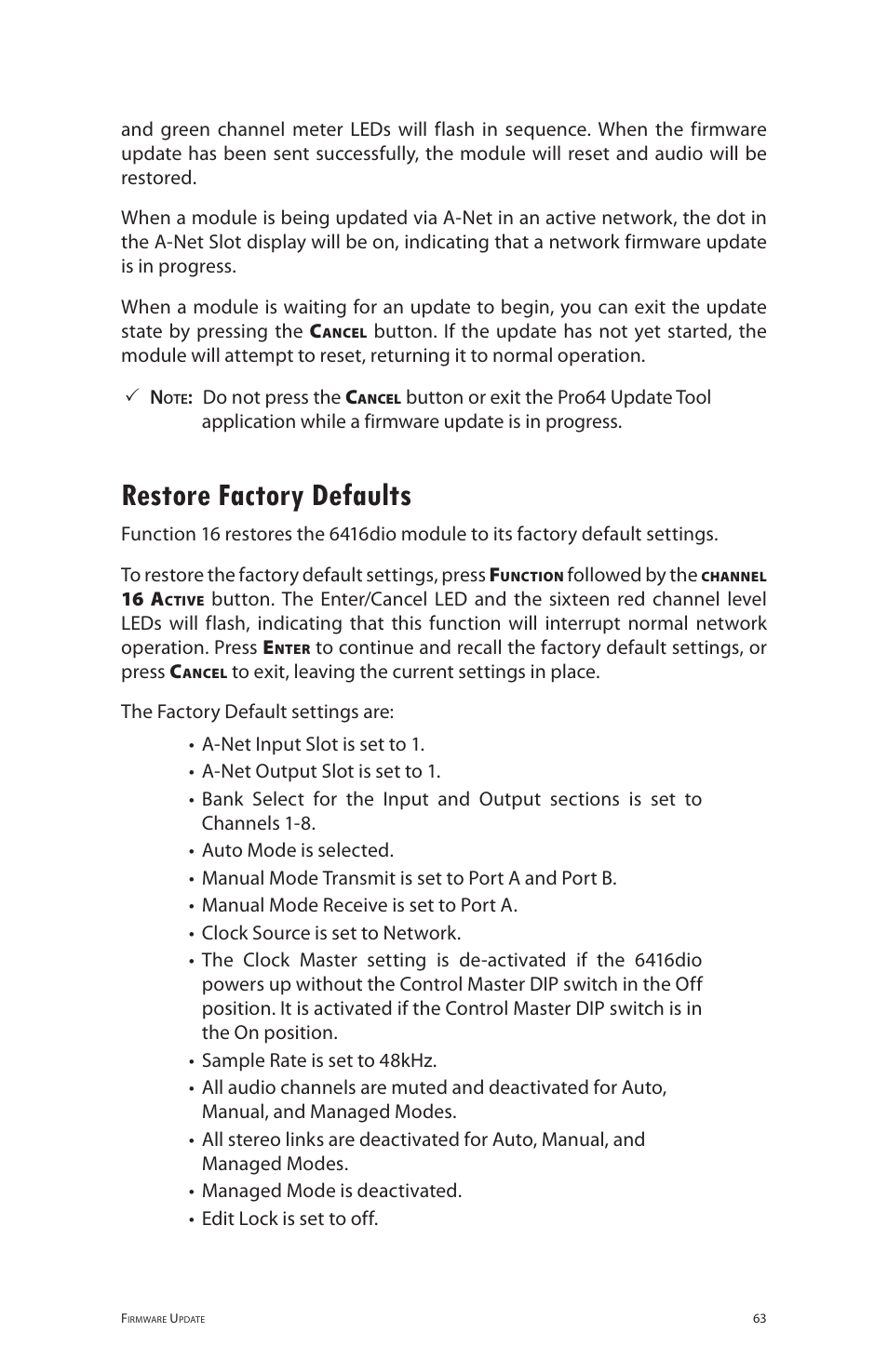 Restore factory defaults | Aviom 6416dio User Manual | Page 73 / 113