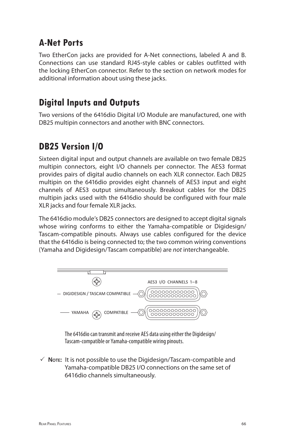 A-net ports, Digital inputs and outputs, Db25 version i/o | Digital i/o module | Aviom 6416dio User Manual | Page 76 / 113