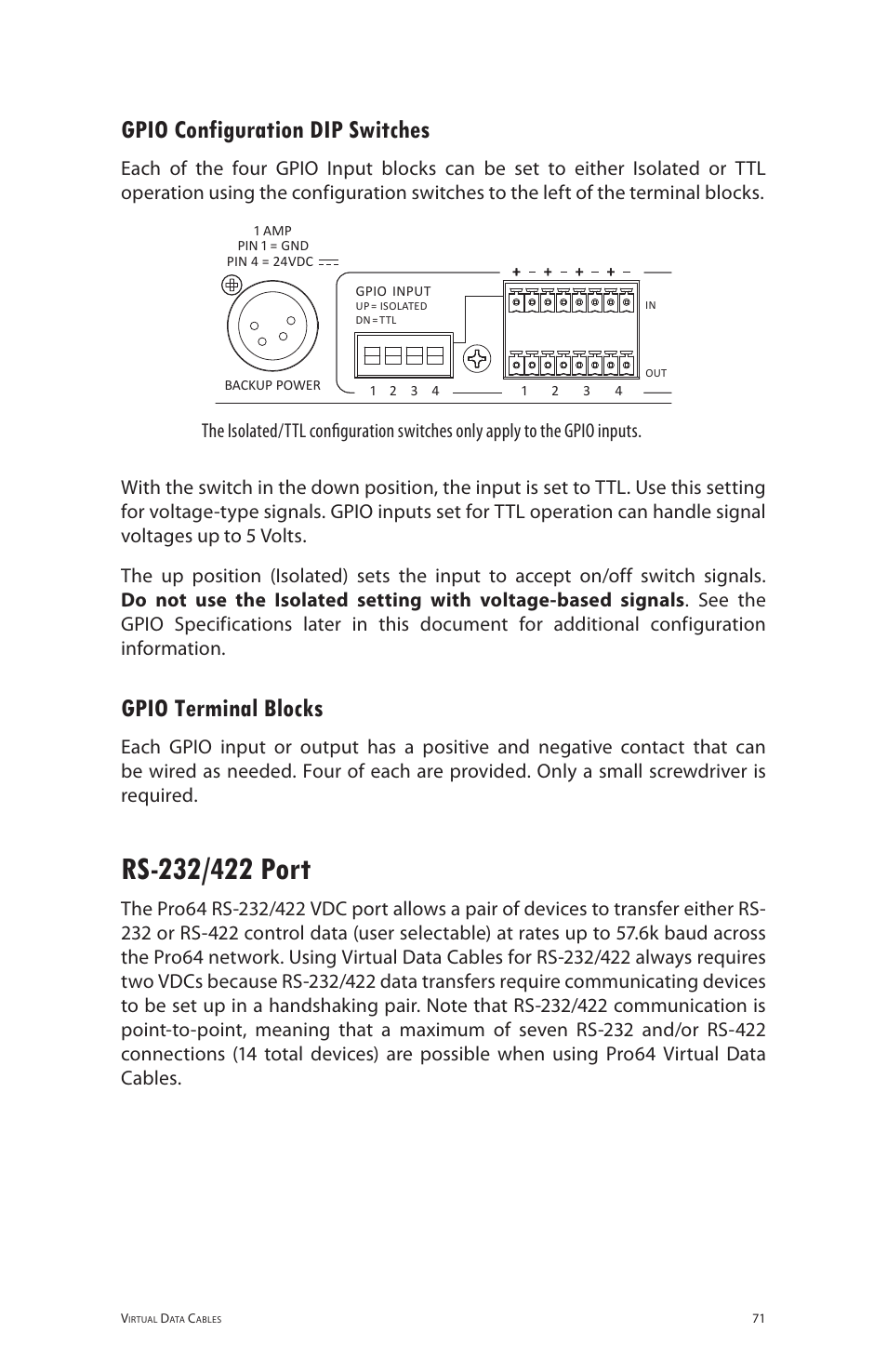 Gpio configuration dip switches, Gpio terminal blocks, Rs-232/422 port | Rs‑232/422 port, Digital i/o module | Aviom 6416dio User Manual | Page 81 / 113