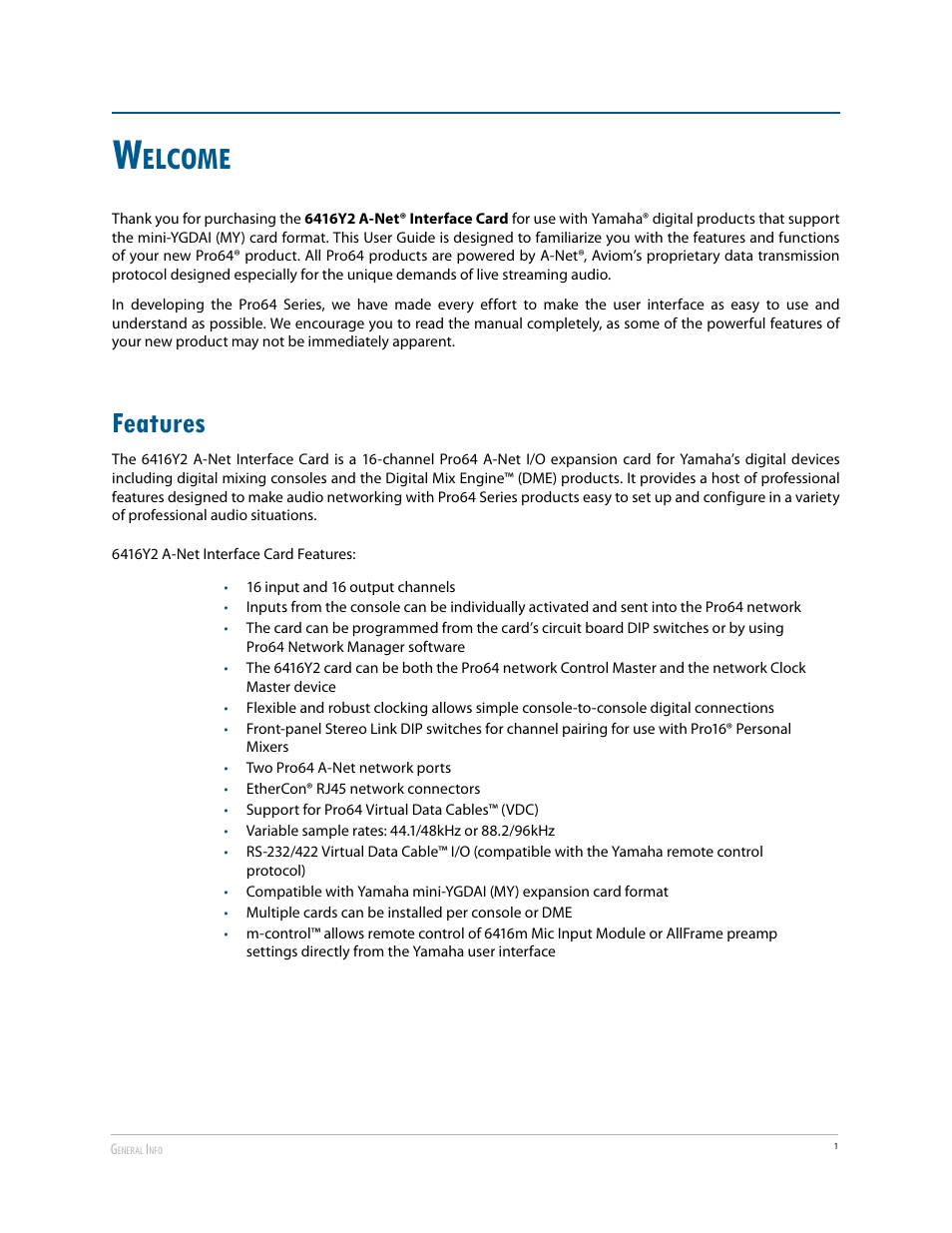 Features, Elcome | Aviom 6416Y2 User Manual | Page 11 / 92