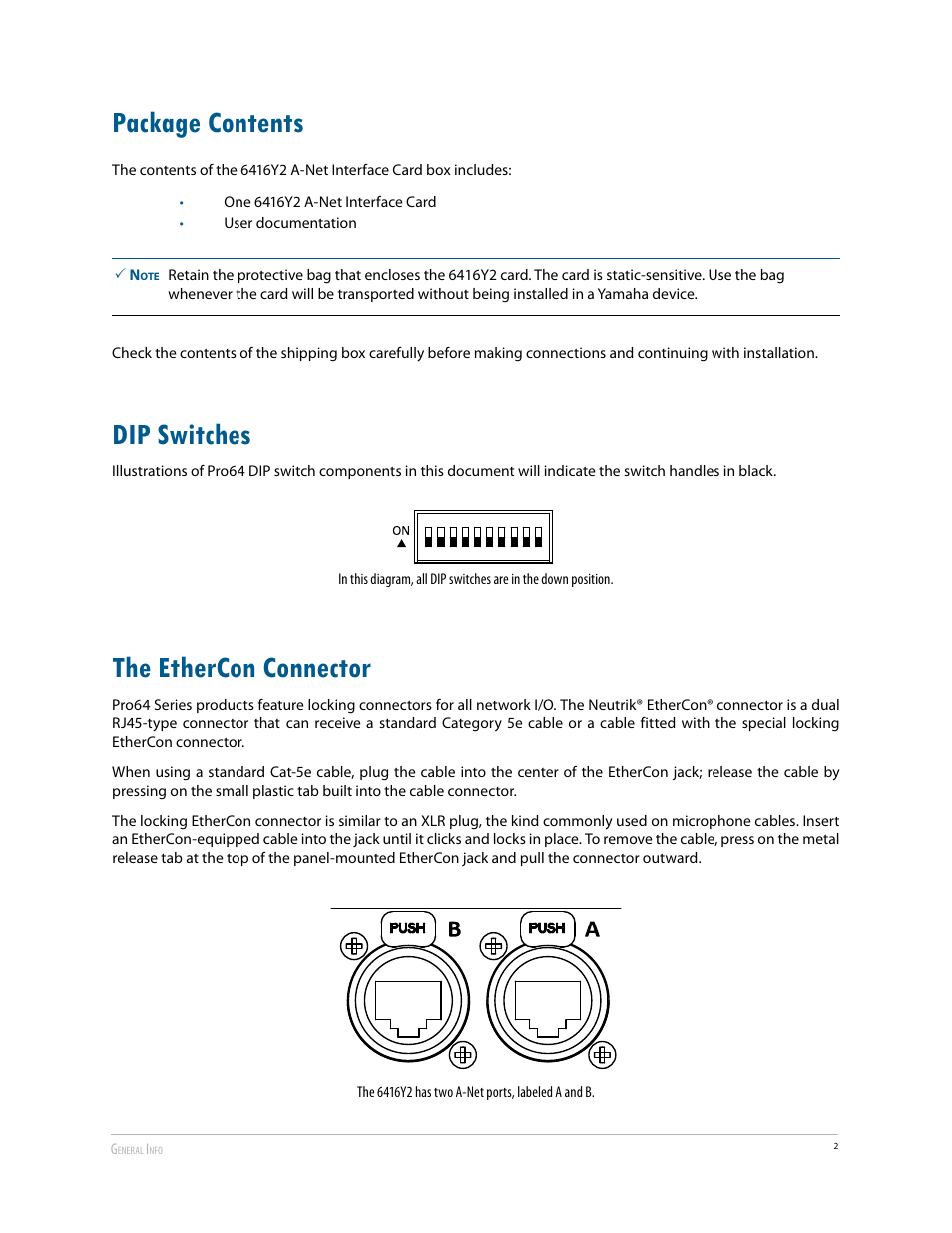 Package contents, Dip switches, The ethercon connector | Aviom 6416Y2 User Manual | Page 12 / 92