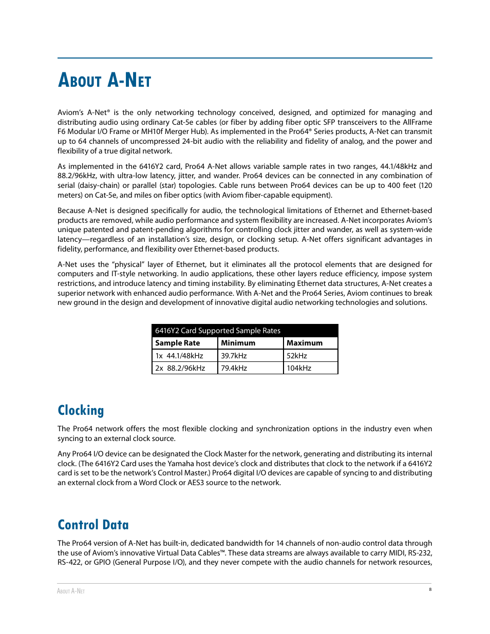 Clocking, Control data, Clocking control data | Bout | Aviom 6416Y2 User Manual | Page 18 / 92