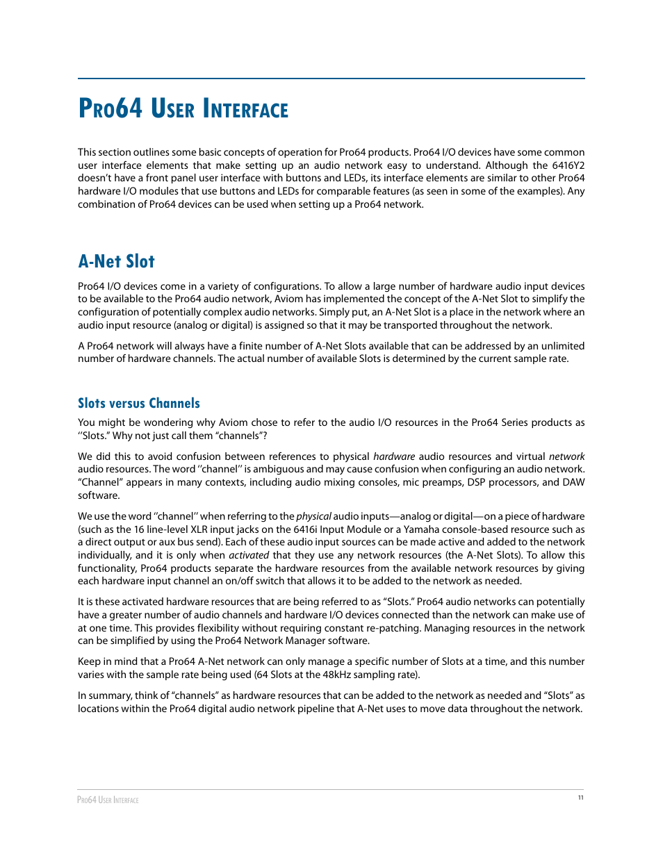 A-net slot, Slots versus channels, 64 u | Nterface | Aviom 6416Y2 User Manual | Page 21 / 92