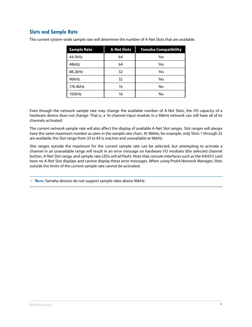 Slots and sample rate | Aviom 6416Y2 User Manual | Page 22 / 92