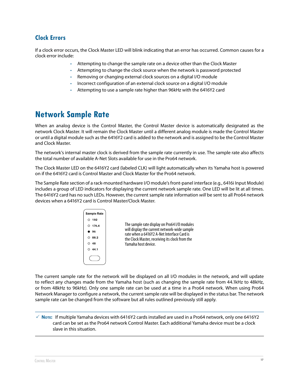 Clock errors, Network sample rate | Aviom 6416Y2 User Manual | Page 27 / 92