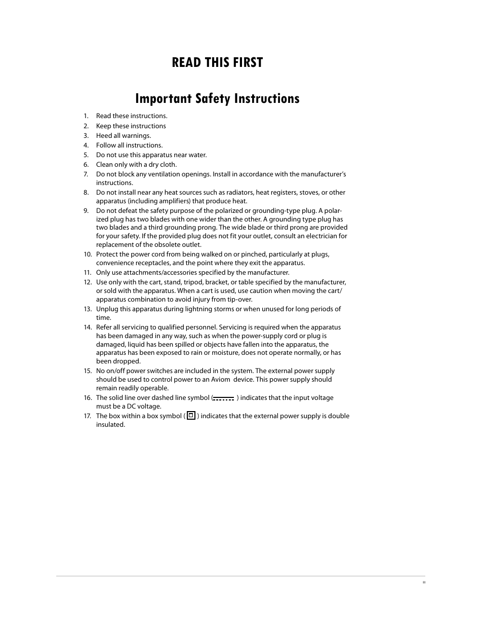 Read this first important safety instructions | Aviom 6416Y2 User Manual | Page 3 / 92