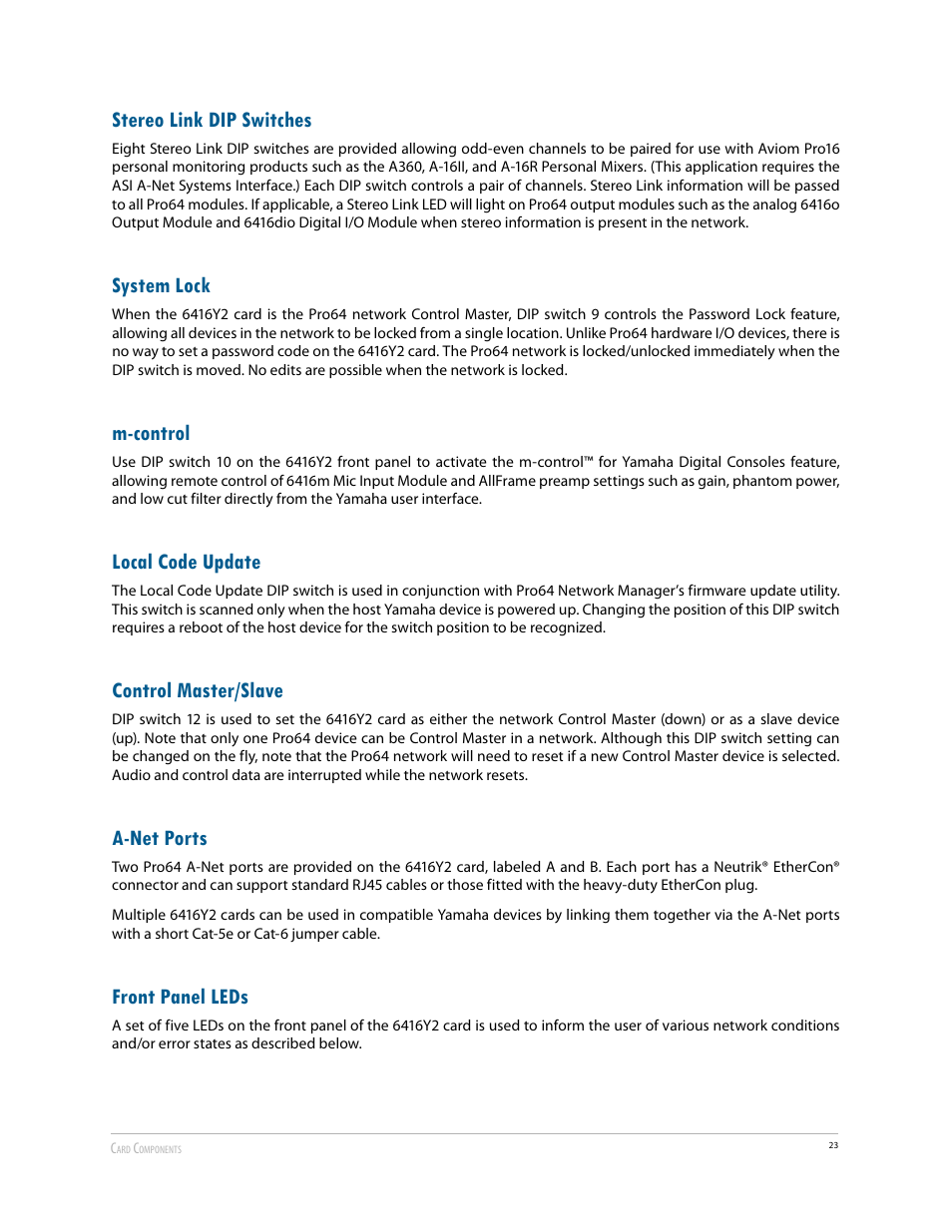 Stereo link dip switches, System lock, M-control | Local code update, Control master/slave, A-net ports, Front panel leds, Control master/slave a‑net ports front panel leds | Aviom 6416Y2 User Manual | Page 33 / 92