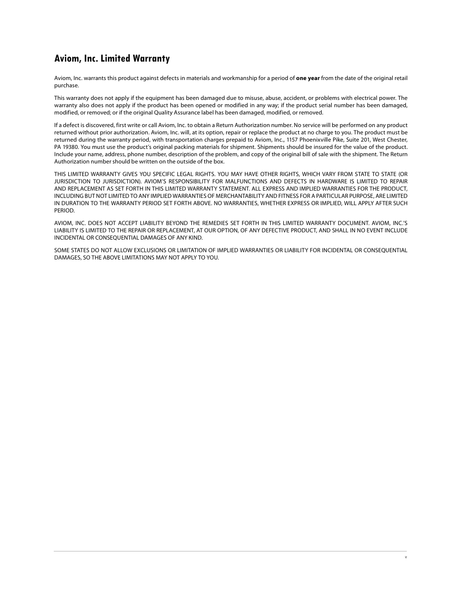 Aviom, inc. limited warranty | Aviom 6416Y2 User Manual | Page 5 / 92