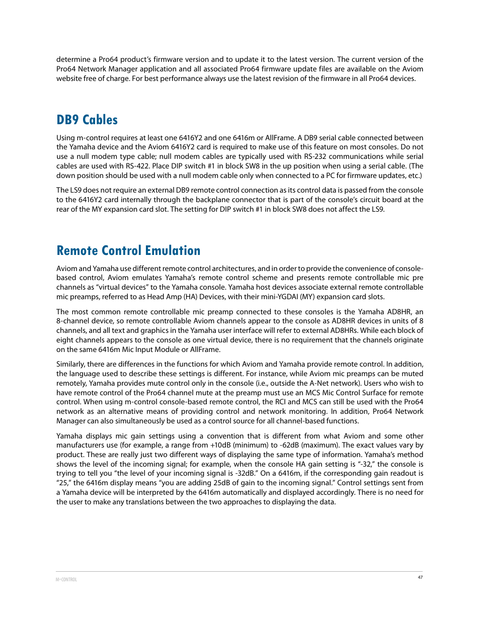 Db9 cables, Remote control emulation, Db9 cables remote control emulation | Aviom 6416Y2 User Manual | Page 57 / 92