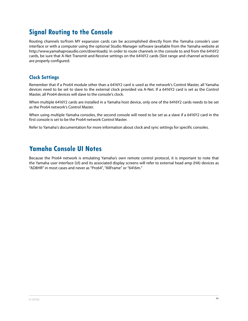 Signal routing to the console, Clock settings, Yamaha console ui notes | Aviom 6416Y2 User Manual | Page 64 / 92