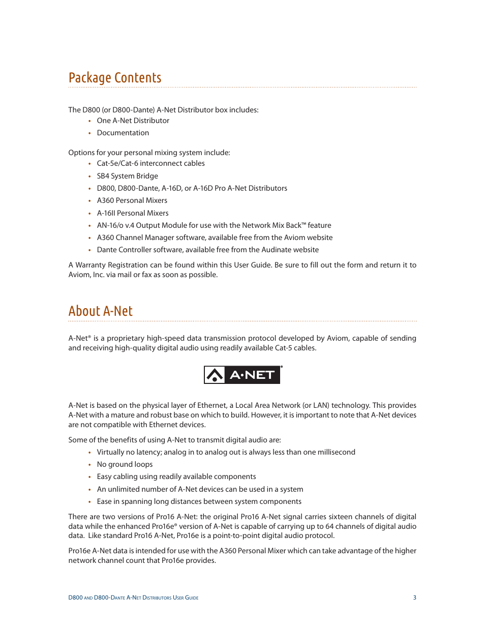 Package contents, About a-net, Package contents about a-net | Aviom D800-Dante User Manual | Page 11 / 59