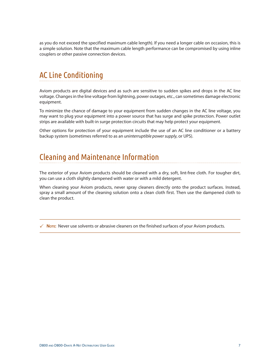 Ac line conditioning, Cleaning and maintenance information | Aviom D800-Dante User Manual | Page 15 / 59