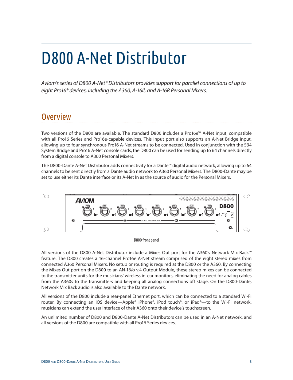 D800 a-net distributor, Overview | Aviom D800-Dante User Manual | Page 16 / 59