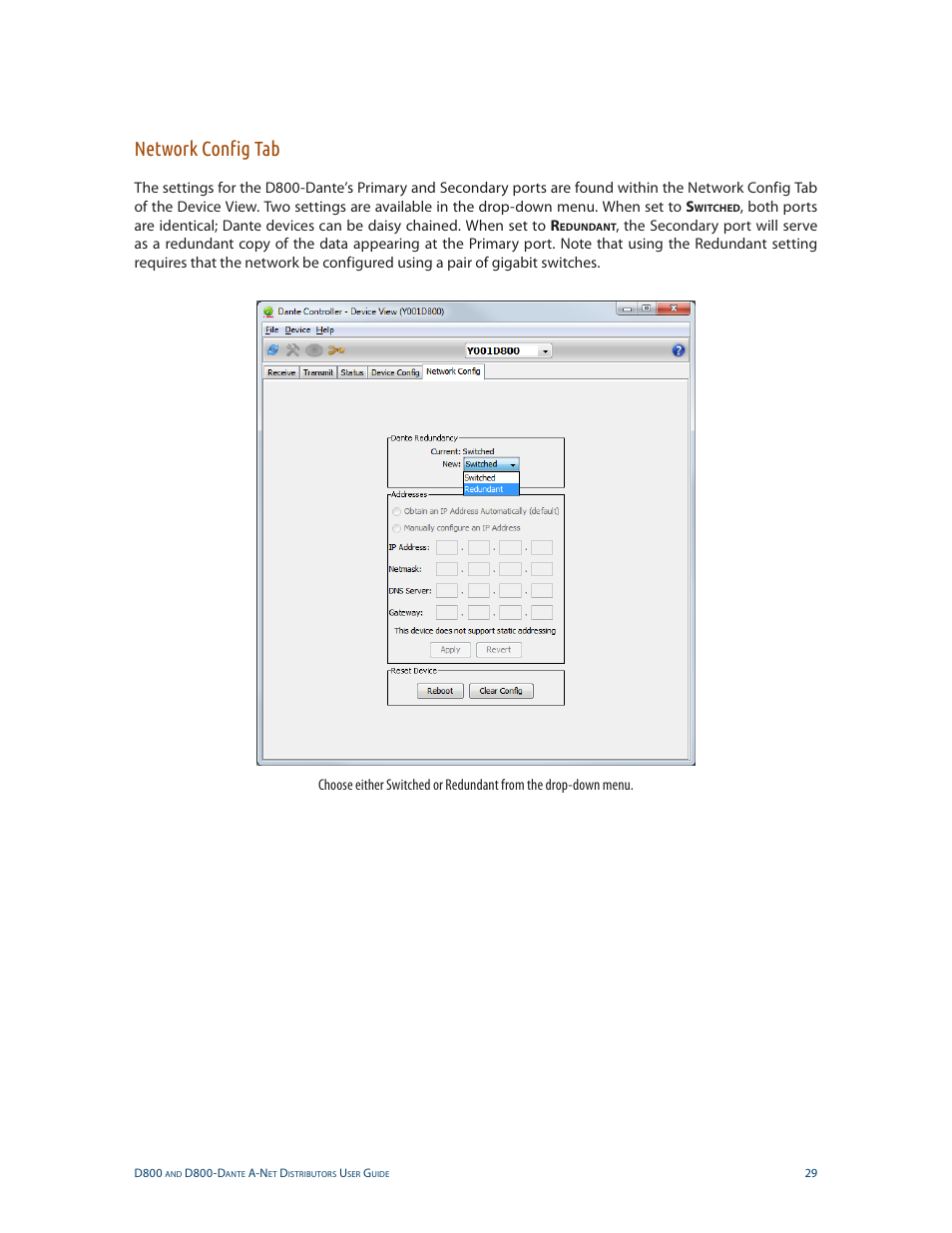 Network config tab | Aviom D800-Dante User Manual | Page 37 / 59