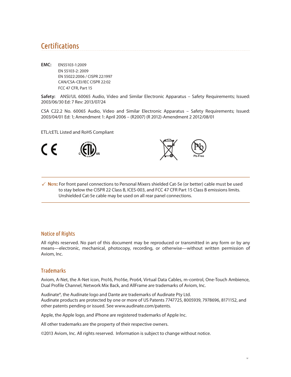 Certifications | Aviom D800-Dante User Manual | Page 4 / 59