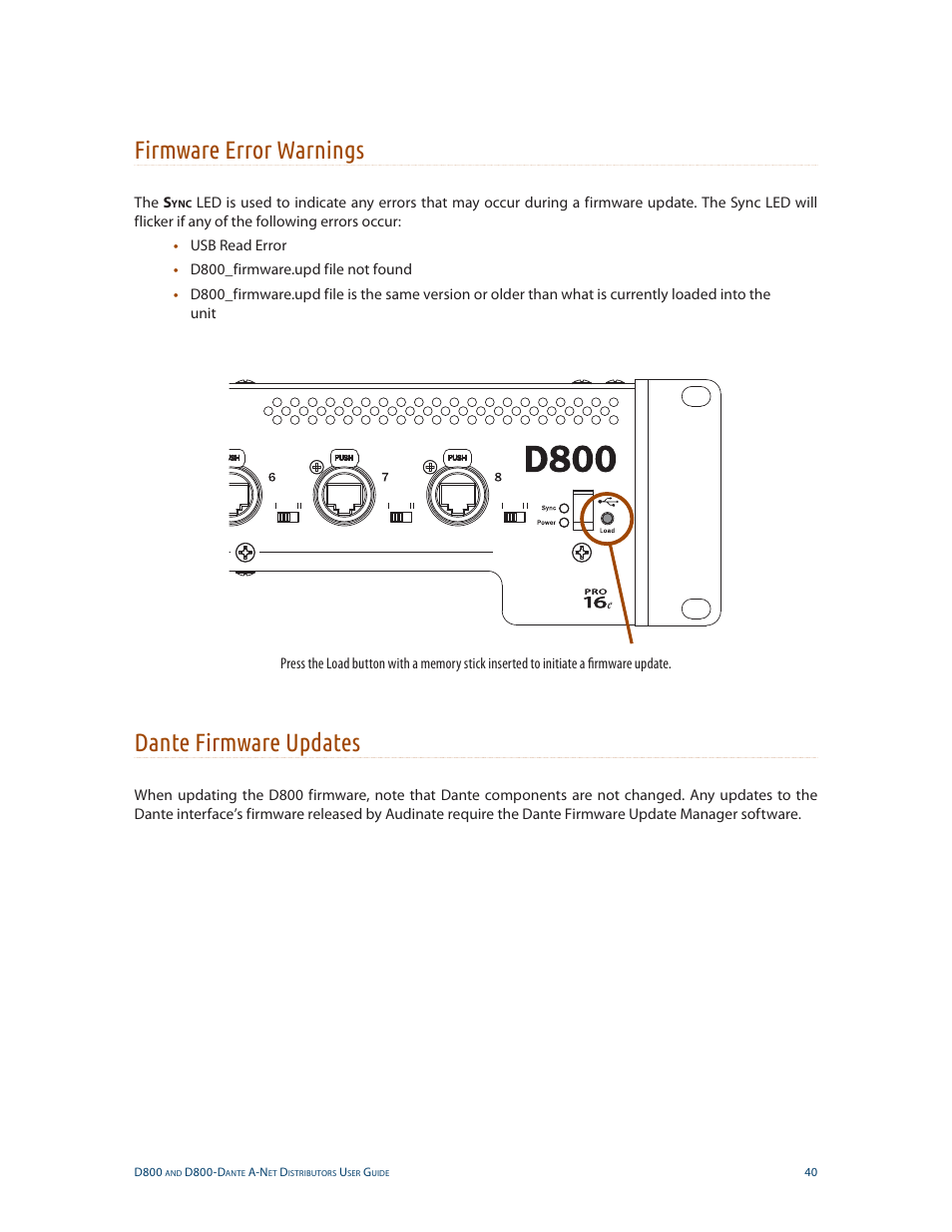 Firmware error warnings, Dante firmware updates, Firmware error warnings dante firmware updates | Aviom D800-Dante User Manual | Page 48 / 59