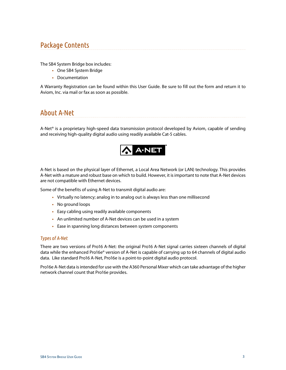 Package contents, About a-net, Types of a-net | Package contents about a-net | Aviom SB4 User Manual | Page 10 / 30