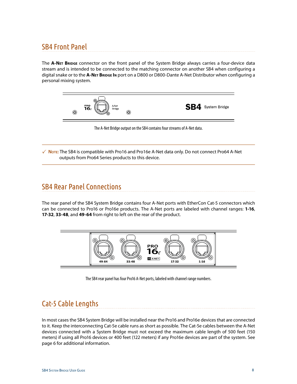 Sb4 front panel, Sb4 rear panel connections, Cat-5 cable lengths | Aviom SB4 User Manual | Page 15 / 30
