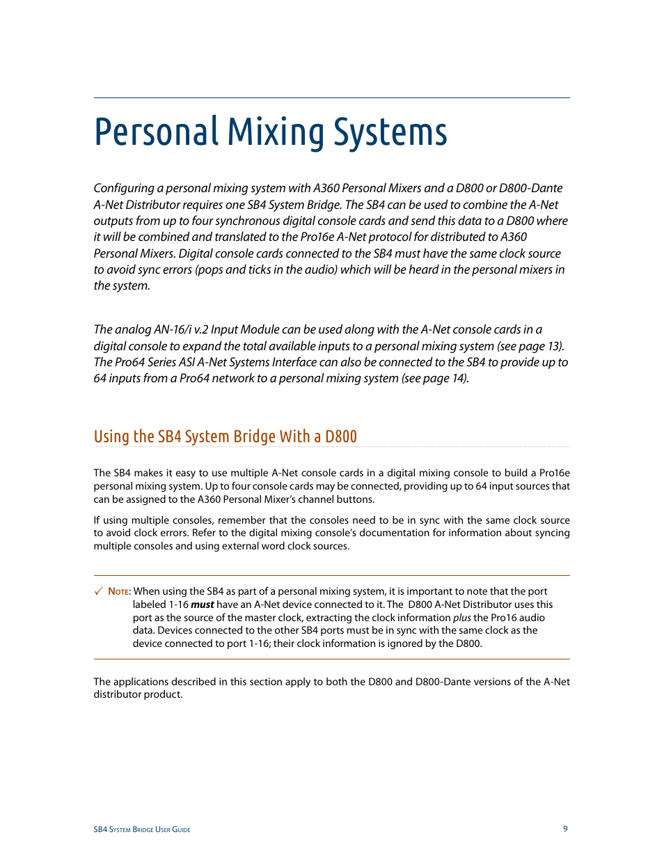 Personal mixing systems, Using the sb4 system bridge with a d800 | Aviom SB4 User Manual | Page 16 / 30