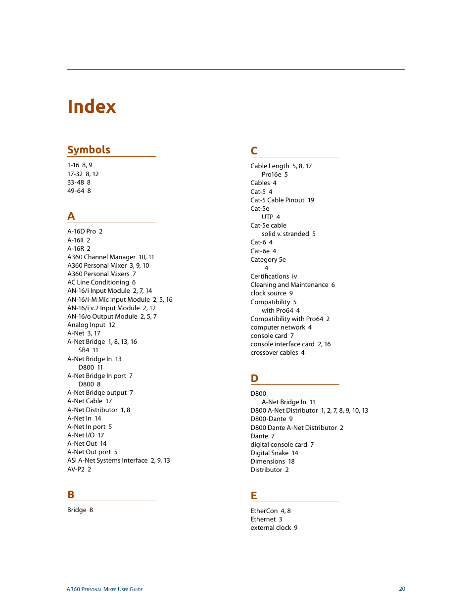 Index, Symbols | Aviom SB4 User Manual | Page 27 / 30