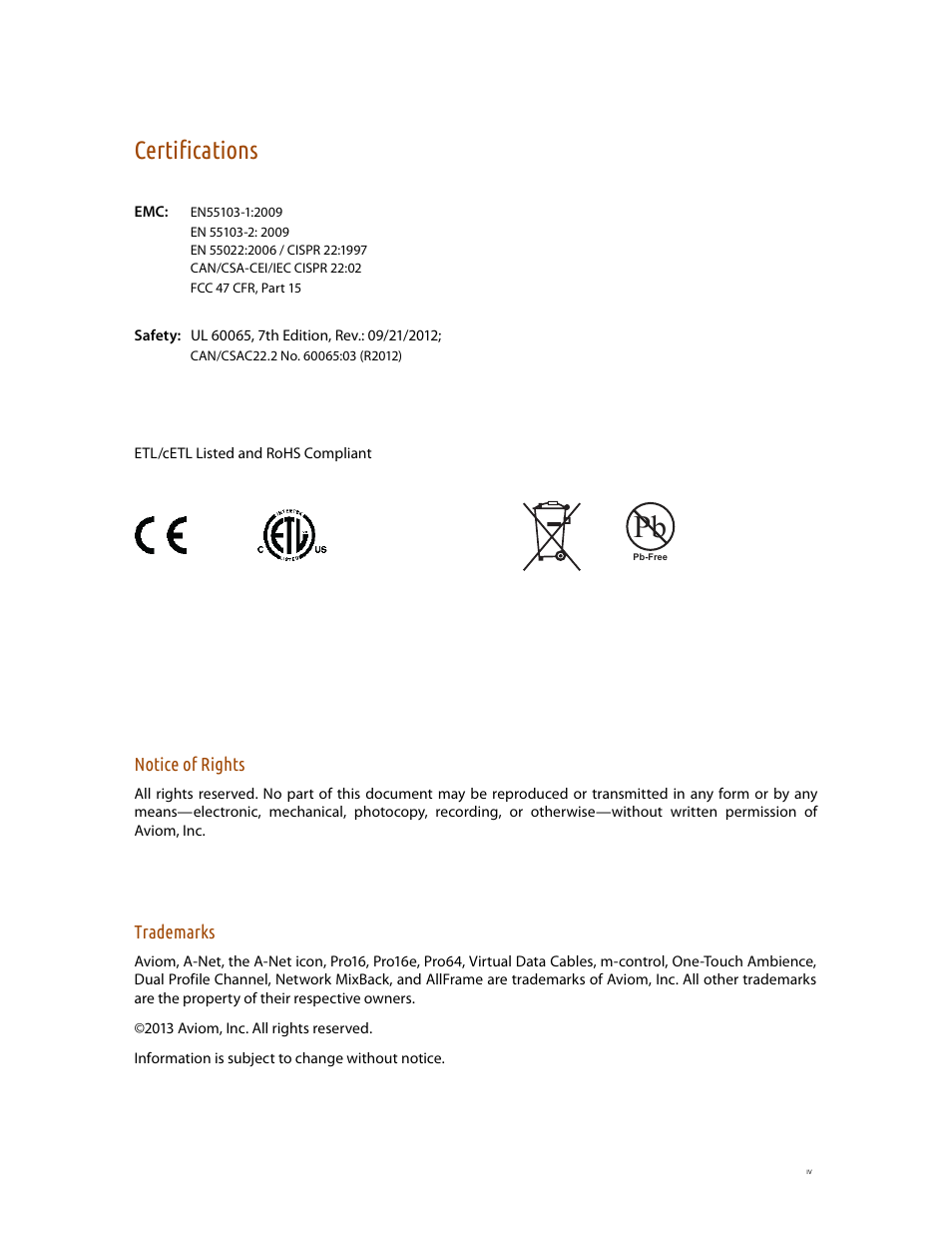 Certifications | Aviom SB4 User Manual | Page 4 / 30