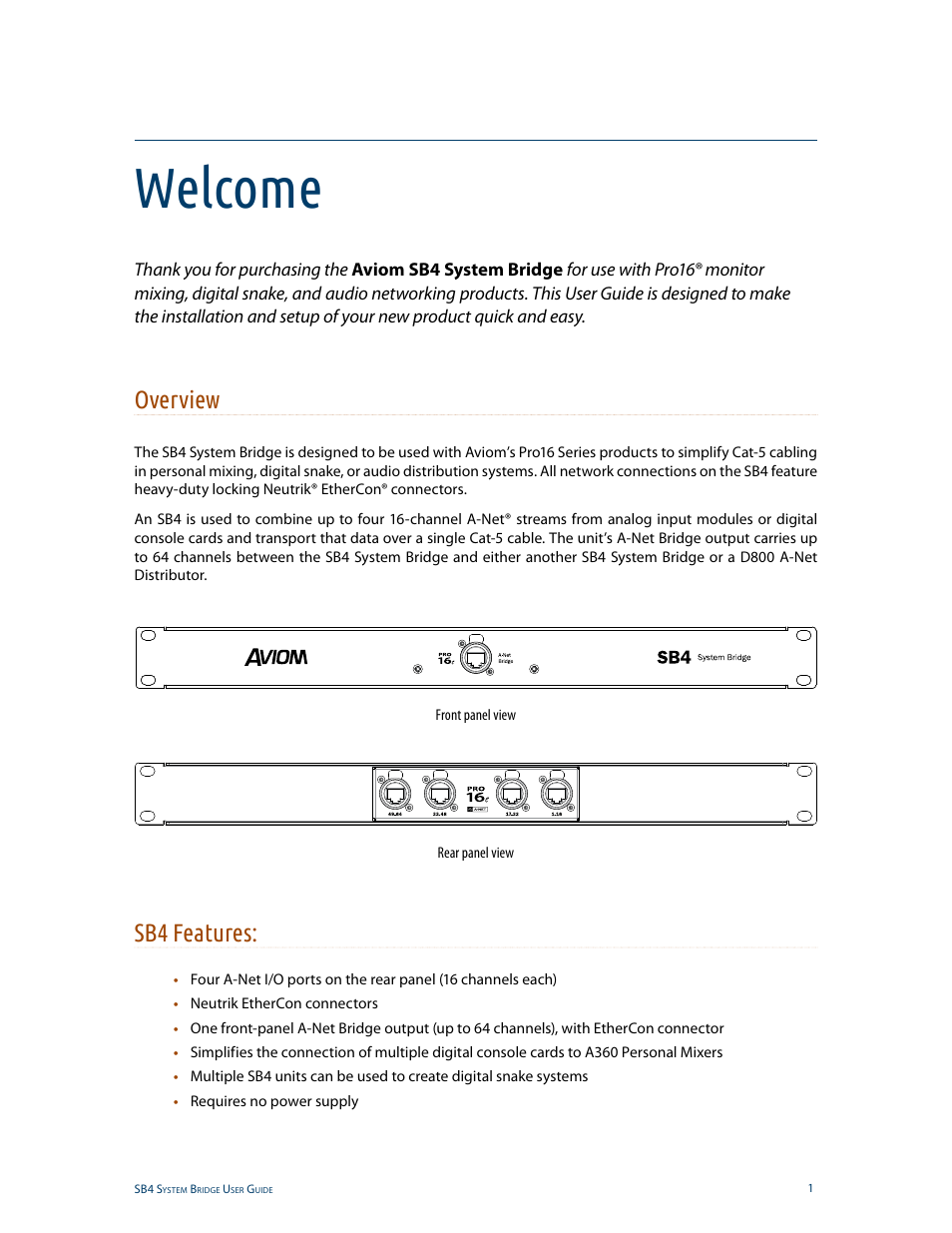 Welcome, Overview, Sb4 features | Welcome overview sb4 features | Aviom SB4 User Manual | Page 8 / 30