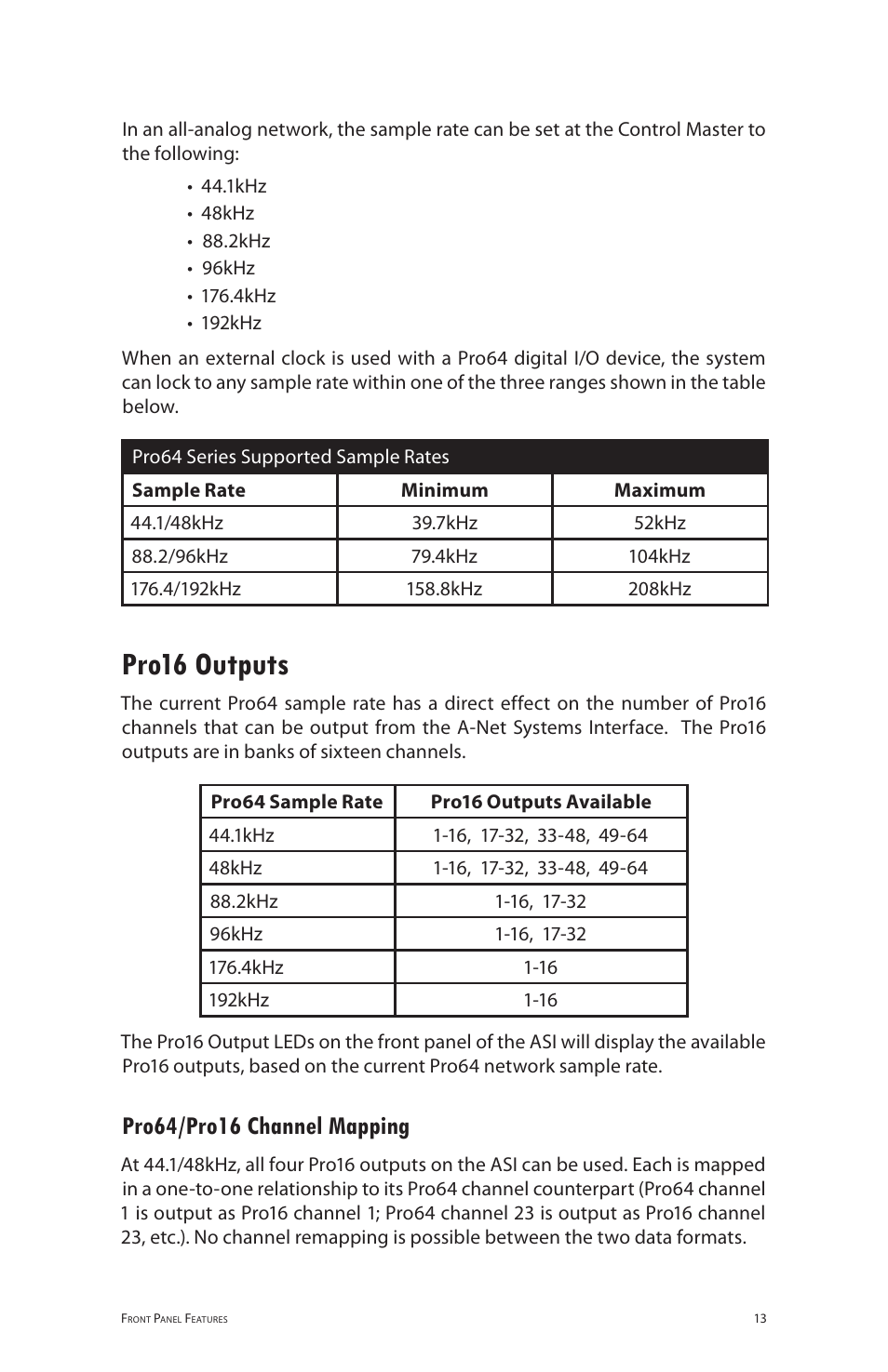 Pro16 outputs, Pro64/pro16 channel mapping | Aviom ASI User Manual | Page 21 / 40