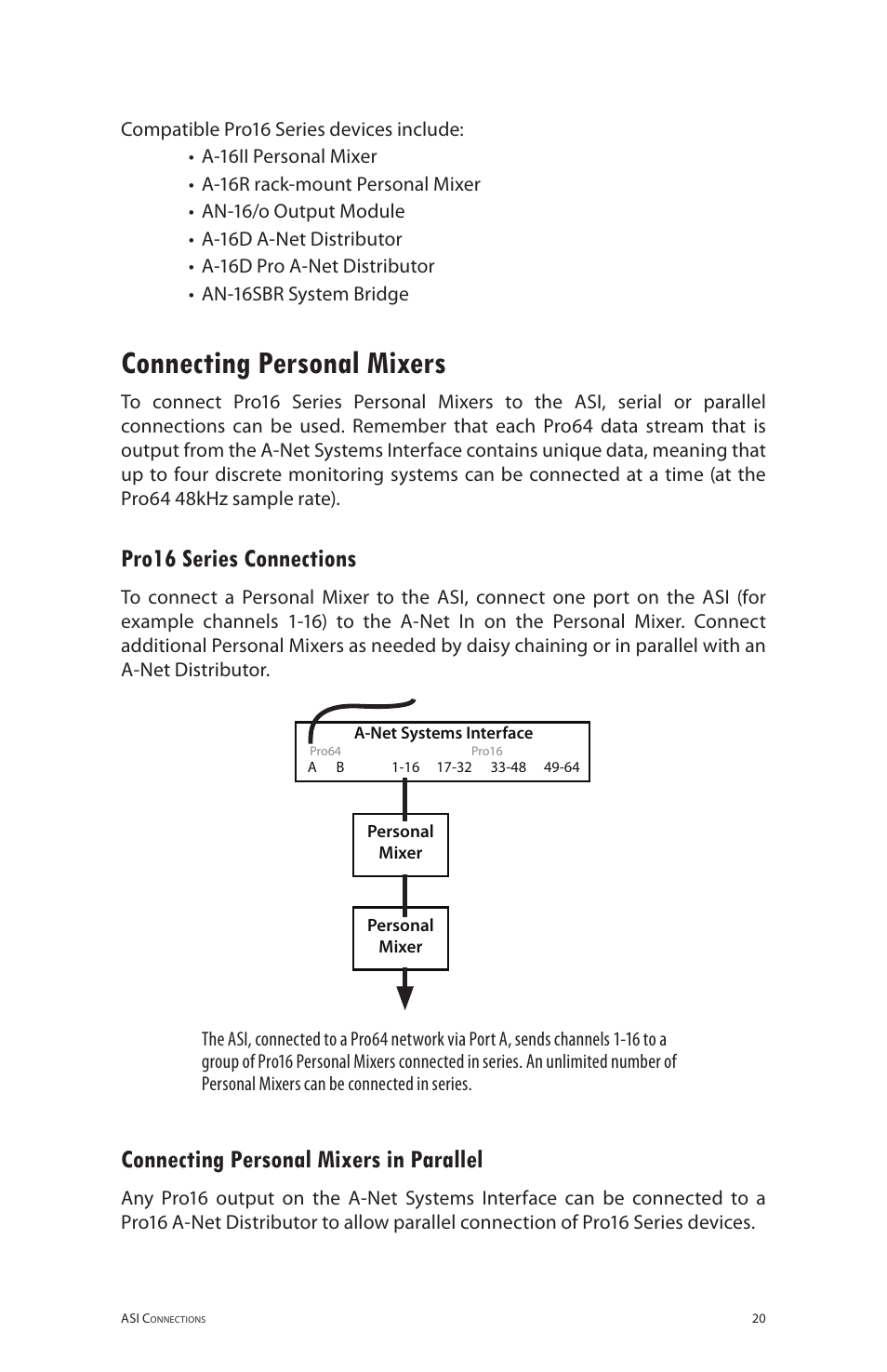 Connecting personal mixers, Pro16 series connections, Connecting personal mixers in parallel | Aviom ASI User Manual | Page 28 / 40