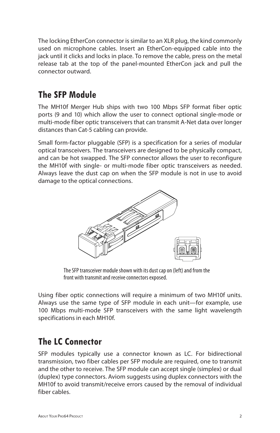 The sfp module, The lc connector, The sfp module the lc connector | Aviom MH10f User Manual | Page 9 / 41