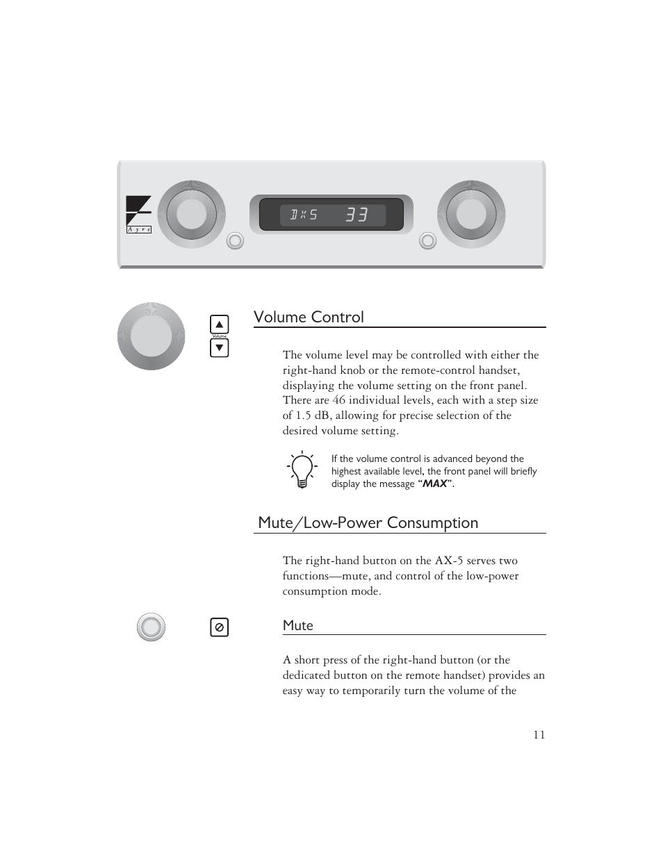 Volume control, Mute/low-power consumption | AYRE AX-5 User Manual | Page 13 / 40