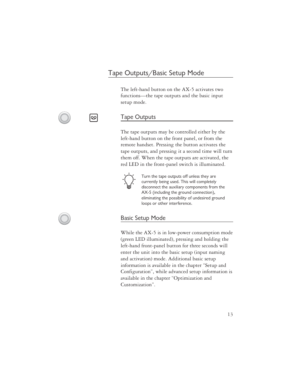 Tape outputs/basic setup mode | AYRE AX-5 User Manual | Page 15 / 40