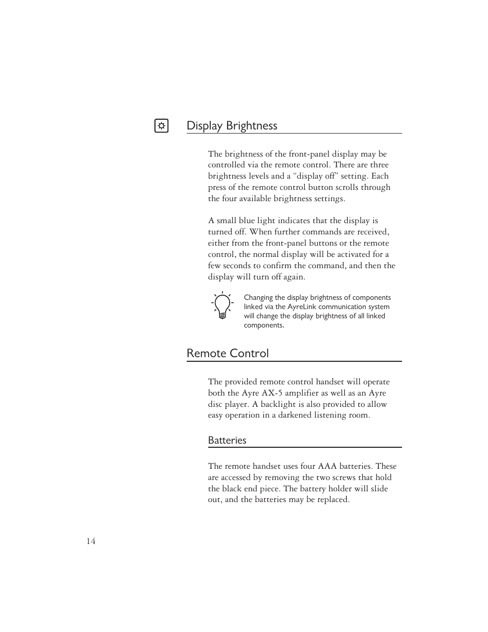 Display brightness, Remote control | AYRE AX-5 User Manual | Page 16 / 40