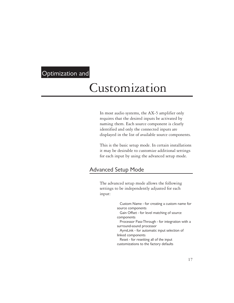 Customization, Optimization and, Advanced setup mode | AYRE AX-5 User Manual | Page 19 / 40