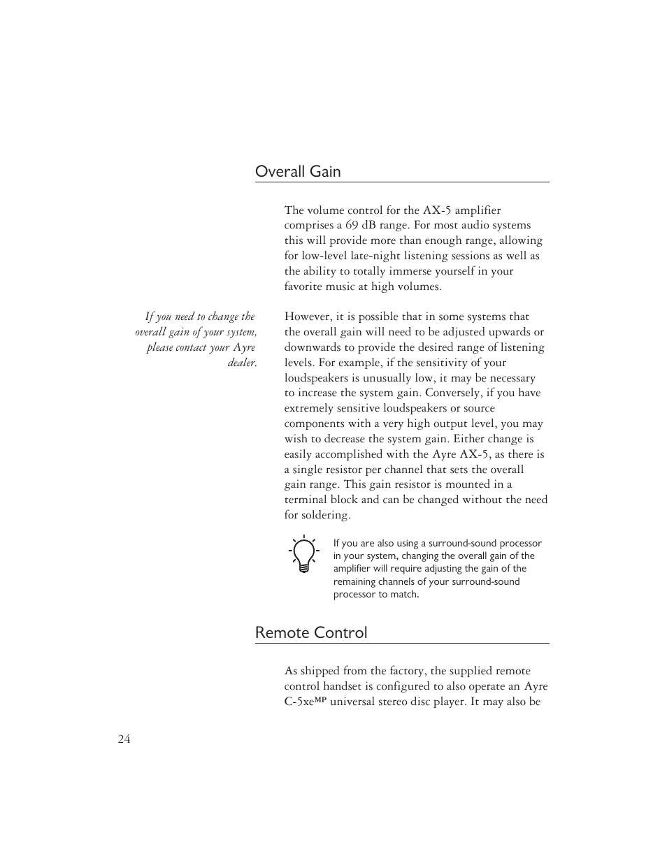 Overall gain, Remote control | AYRE AX-5 User Manual | Page 26 / 40