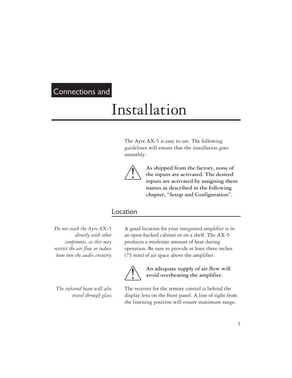 Installation, Connections and | AYRE AX-5 User Manual | Page 5 / 40