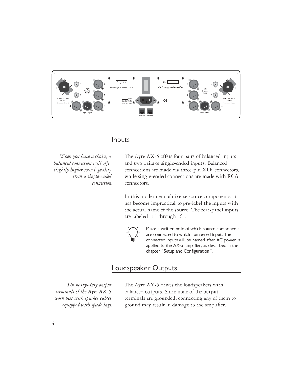 Inputs, Loudspeaker outputs | AYRE AX-5 User Manual | Page 6 / 40