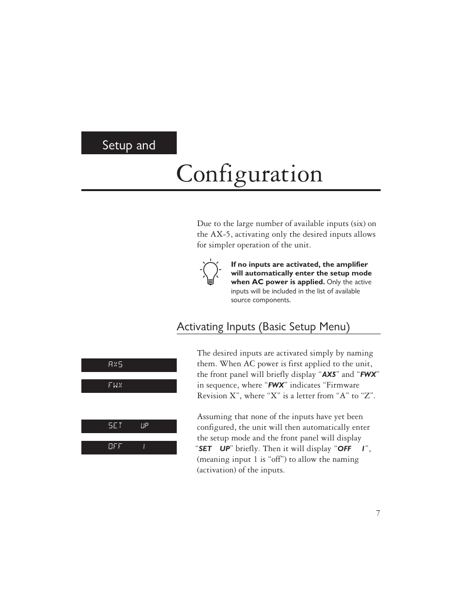 Configuration, Setup and, Activating inputs (basic setup menu) | AYRE AX-5 User Manual | Page 9 / 40
