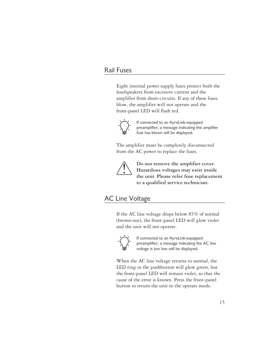 Rail fuses, Ac line voltage | AYRE VX-5 User Manual | Page 17 / 24