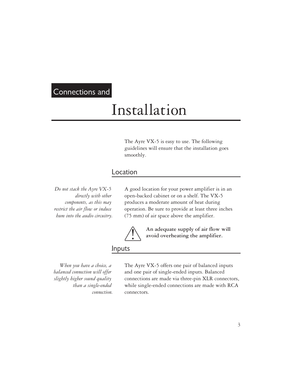Installation, Connections and | AYRE VX-5 User Manual | Page 5 / 24