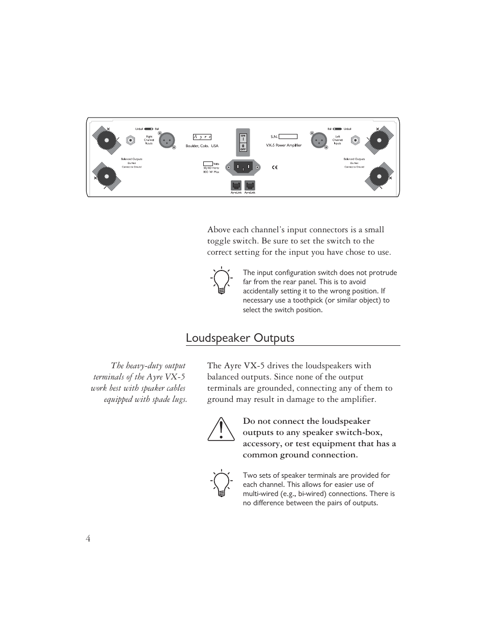 Loudspeaker outputs | AYRE VX-5 User Manual | Page 6 / 24