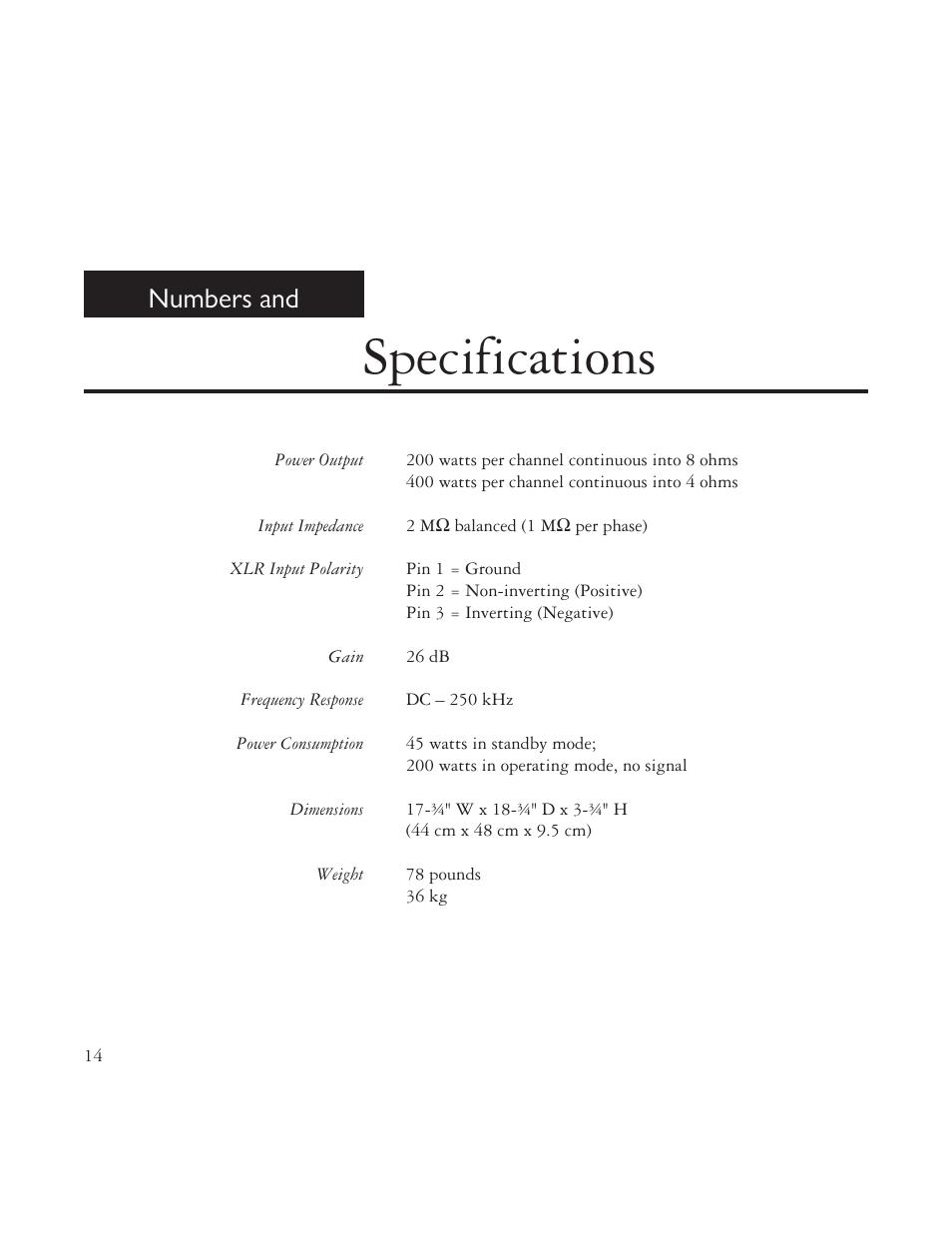 Specifications, Numbers and | AYRE VX-R User Manual | Page 14 / 24