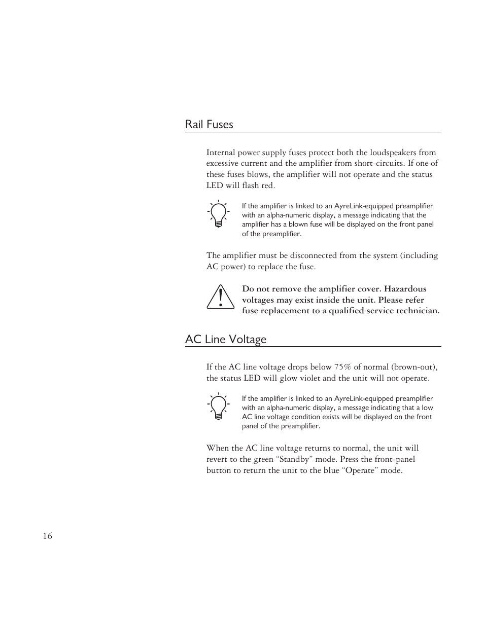 Rail fuses, Ac line voltage | AYRE VX-R User Manual | Page 16 / 24