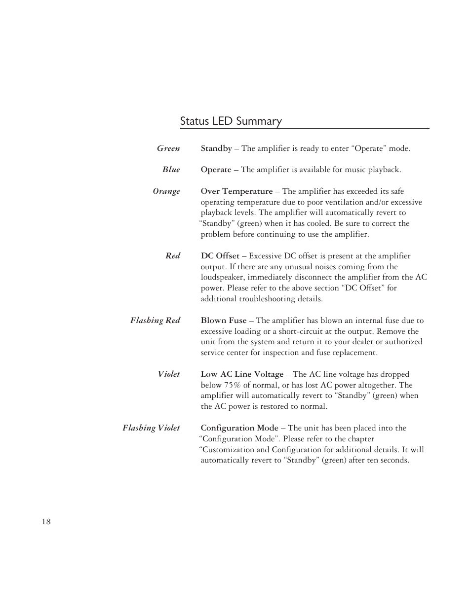 Status led summary | AYRE VX-R User Manual | Page 18 / 24